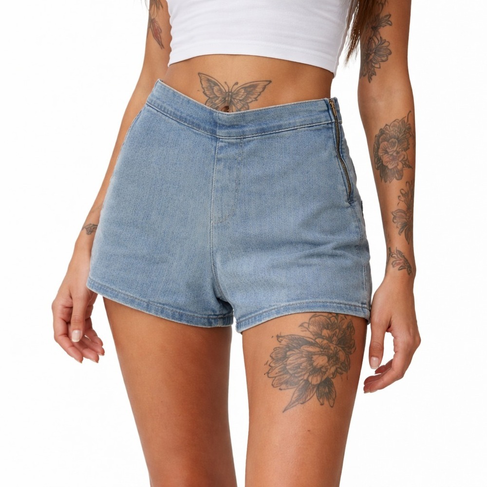 Free People Light Wash Shorts Stretch Denim Side Zip High Rise Women S Hot Pants
